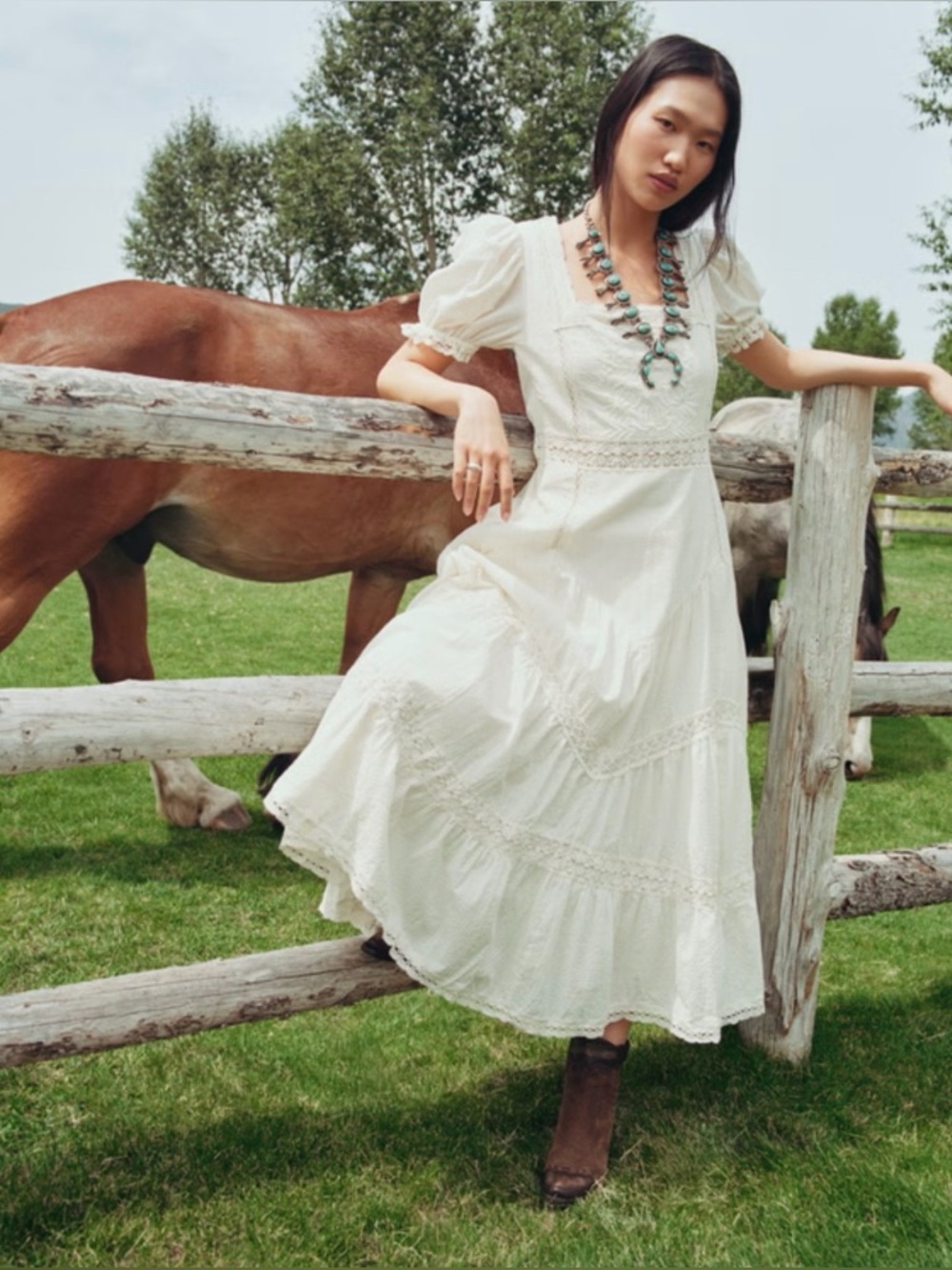 Abercrombie & Fitch Cream Puff-Sleeve Lace Maxi Dress